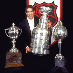 In 2001 Sakic won The Stanley Cup, Hart Memorial Trophy, the Lady Byng Memorial Trophy (seen here) as well as the Lester B. Pearson Award.