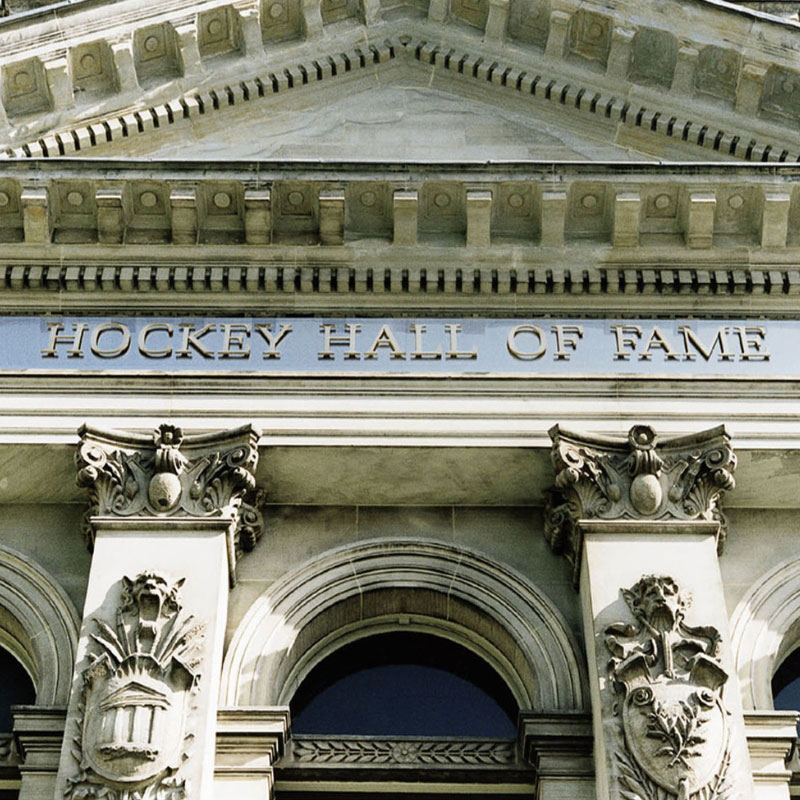 Exterior close-up image of the Hockey Hall of Fame architecture