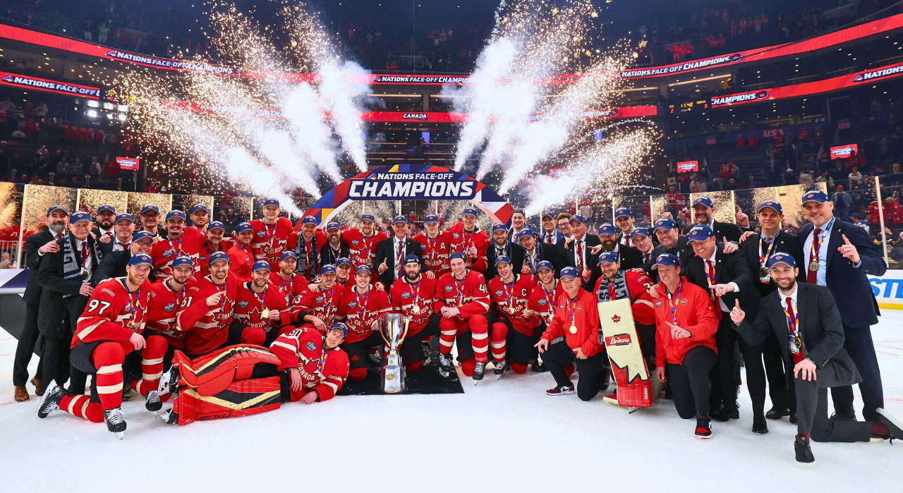 Team Canada poses after winning the 4 Nations Face-Off in February 2025